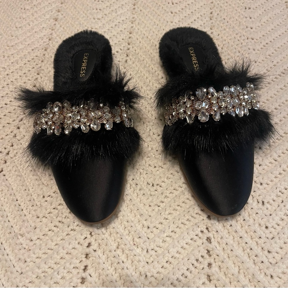 Express Satin FauxFur lined embellished slippers